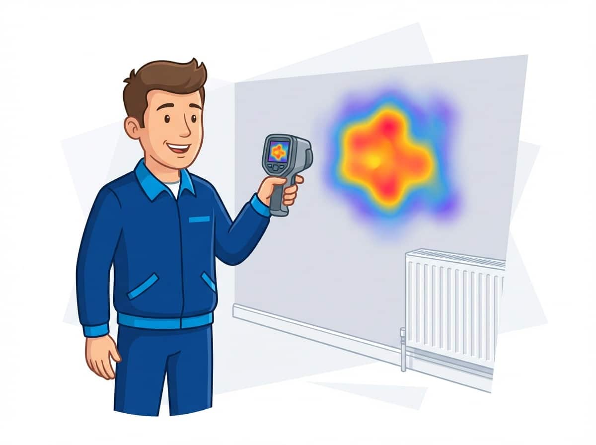 Professional thermal imaging leak detection showing infrared camera in use to locate hidden water leaks