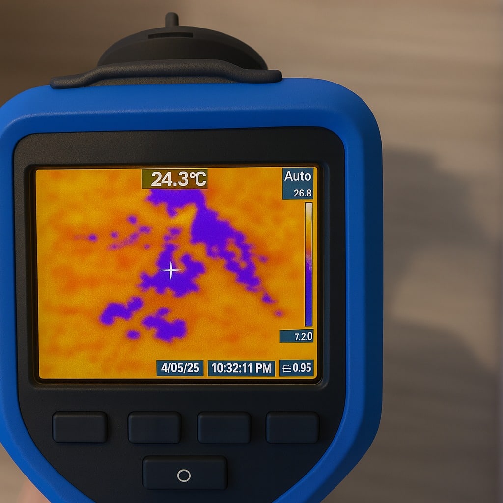 Thermal imaging leak detection services showing infrared camera equipment and heat signature display