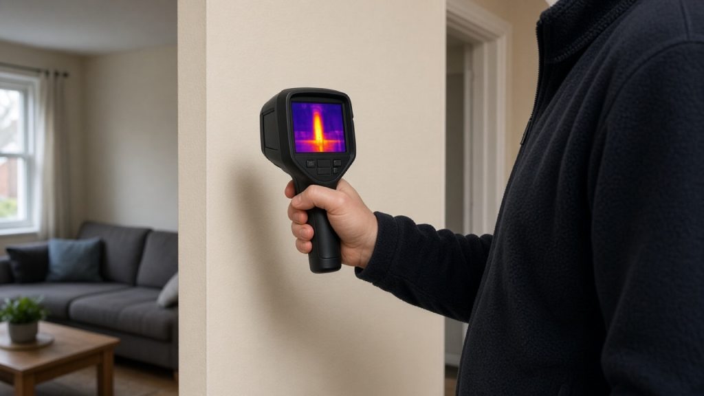 Leak detection engineer using a thermal imaging camera inside a Bedfordshire home