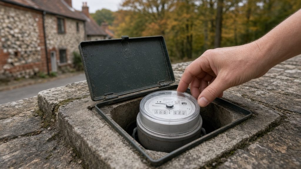Water meter chamber at the boundary of a Buckinghamshire house