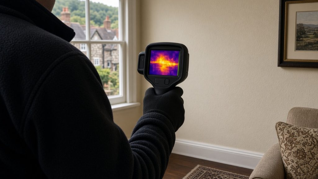 Leak detection engineer using a thermal imaging camera inside a Buckinghamshire home