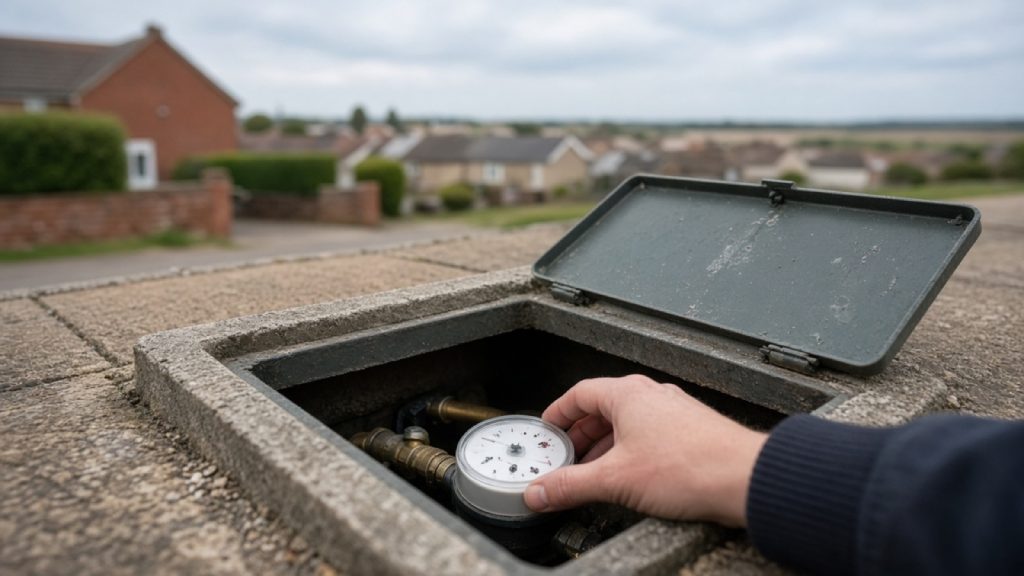 Water meter chamber at the boundary of a Cambridgeshire house