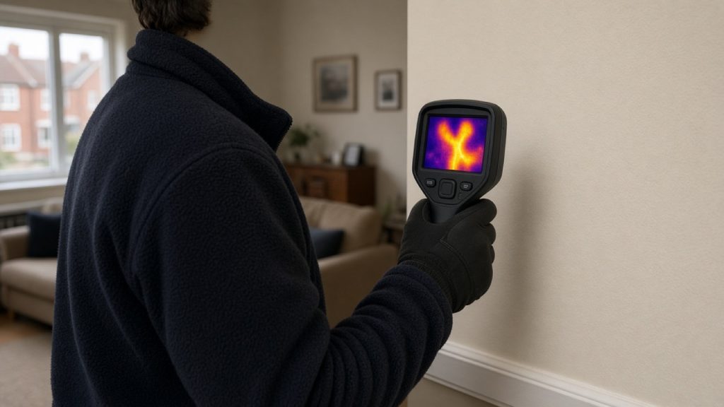 Leak detection engineer using a thermal imaging camera inside a Cambridgeshire home