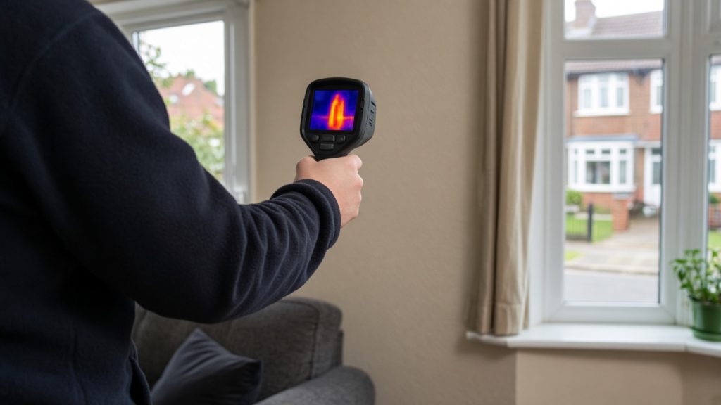 Leak detection engineer using a thermal imaging camera inside a Essex home