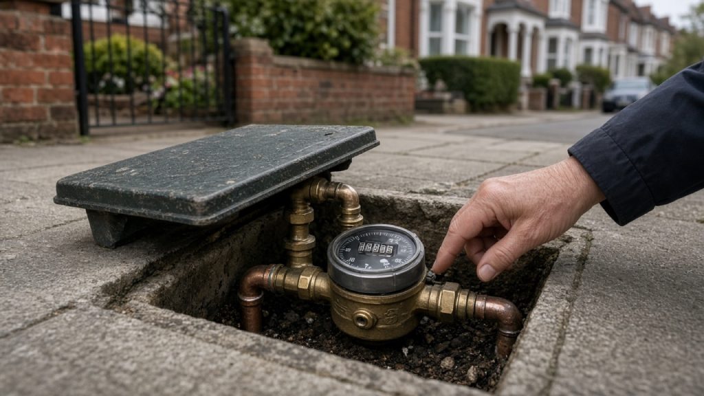 Water meter chamber at the boundary of a Hertfordshire house