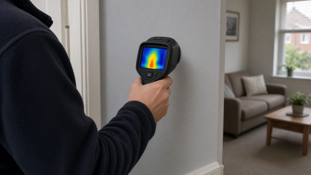Leak detection engineer using a thermal imaging camera inside a Hertfordshire home