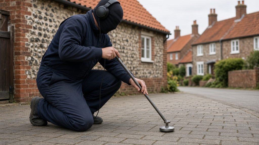 Acoustic leak detection on a driveway outside a Norfolk house