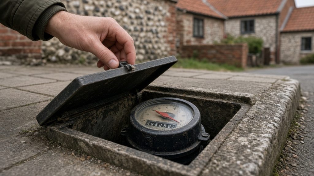 Water meter chamber at the boundary of a Norfolk house