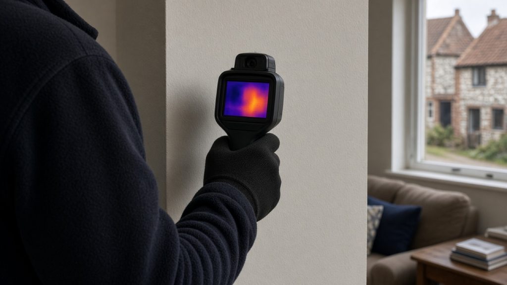 Leak detection engineer using a thermal imaging camera inside a Norfolk home