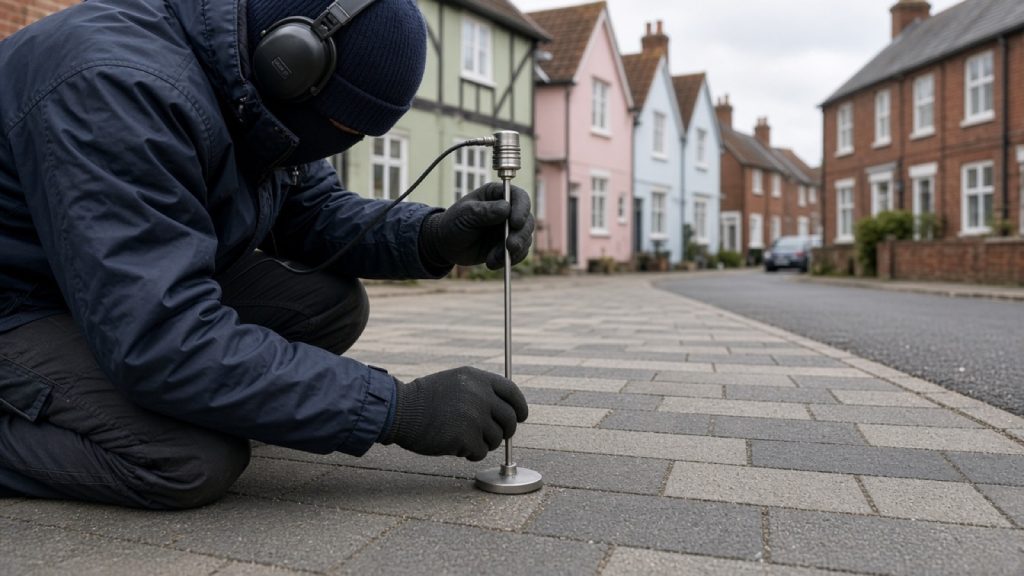 Acoustic leak detection on a driveway outside a Suffolk house