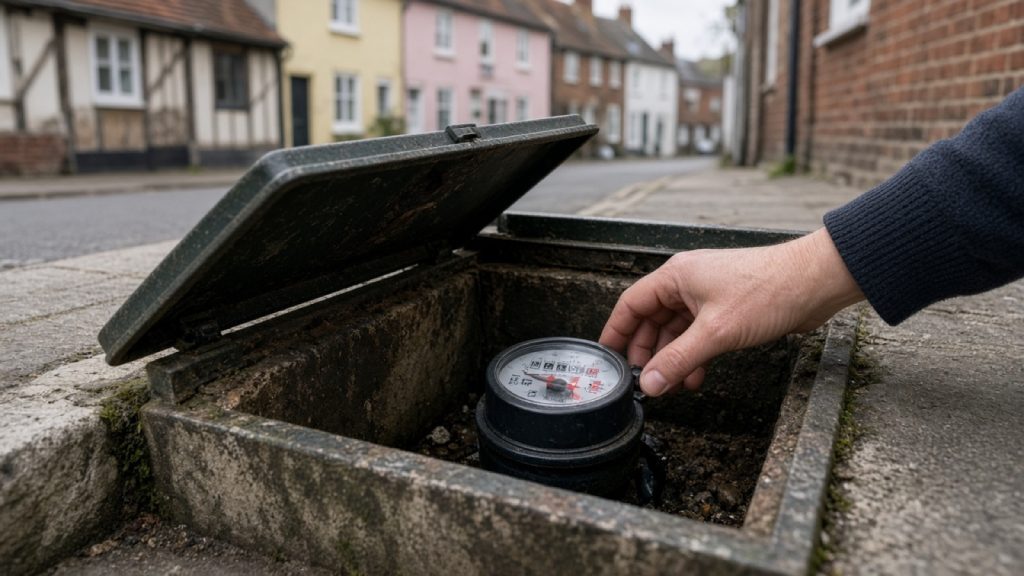Water meter chamber at the boundary of a Suffolk house