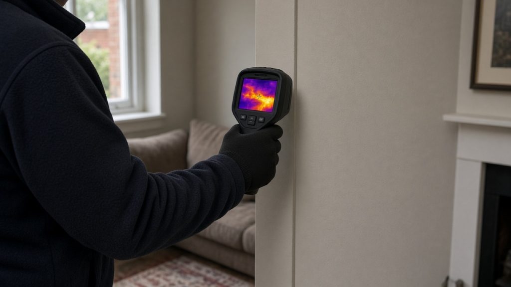 Leak detection engineer using a thermal imaging camera inside a Suffolk home